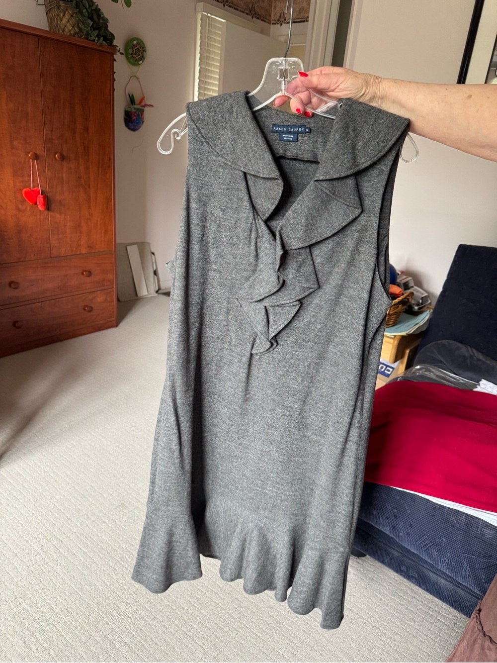 Ralph Lauren Charcoal Grey 100% wool sleeveless dress w/ ruffle collar
